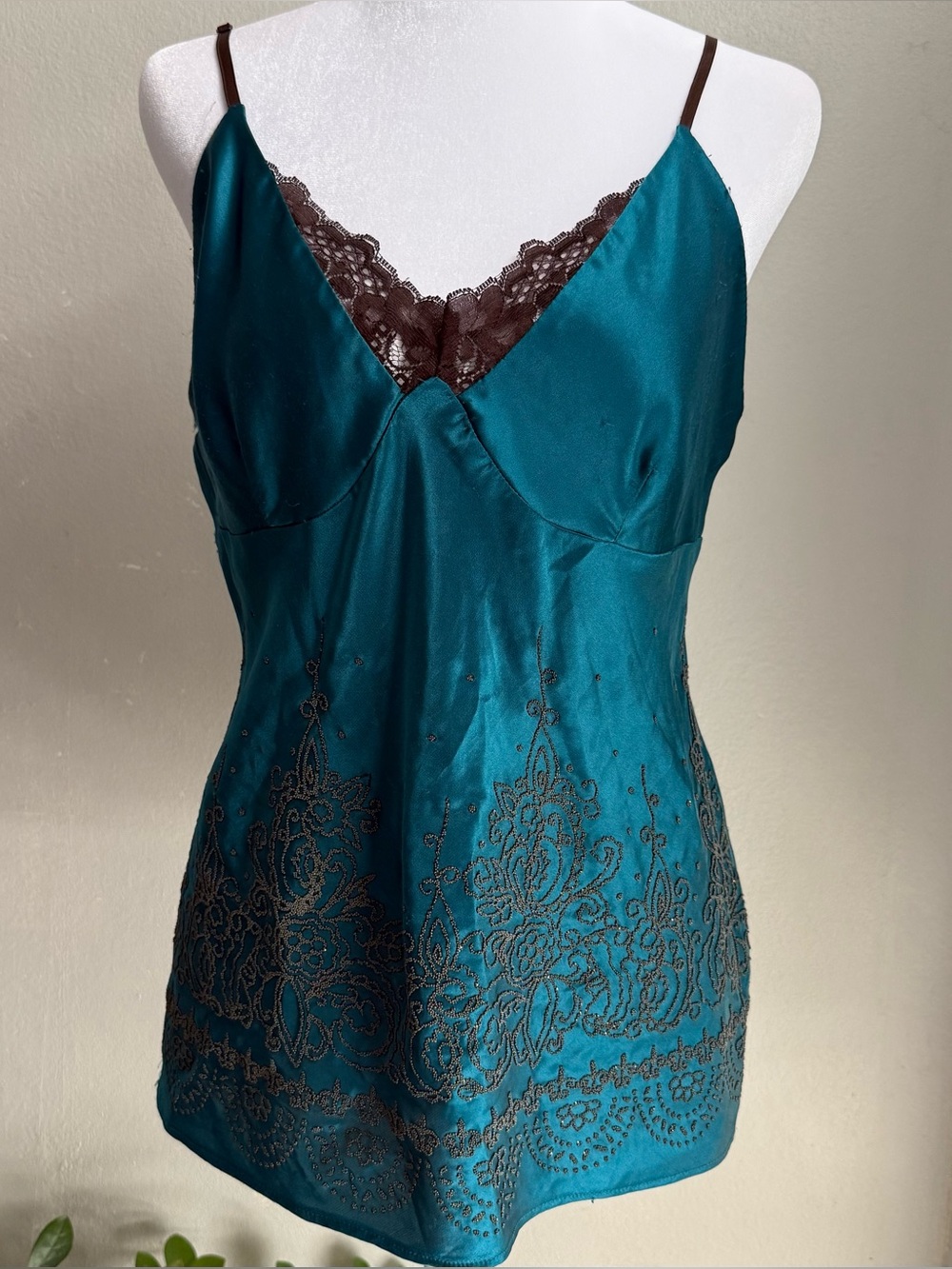 Teal Satin Lace-Trim Camisole with Embroidered Hem